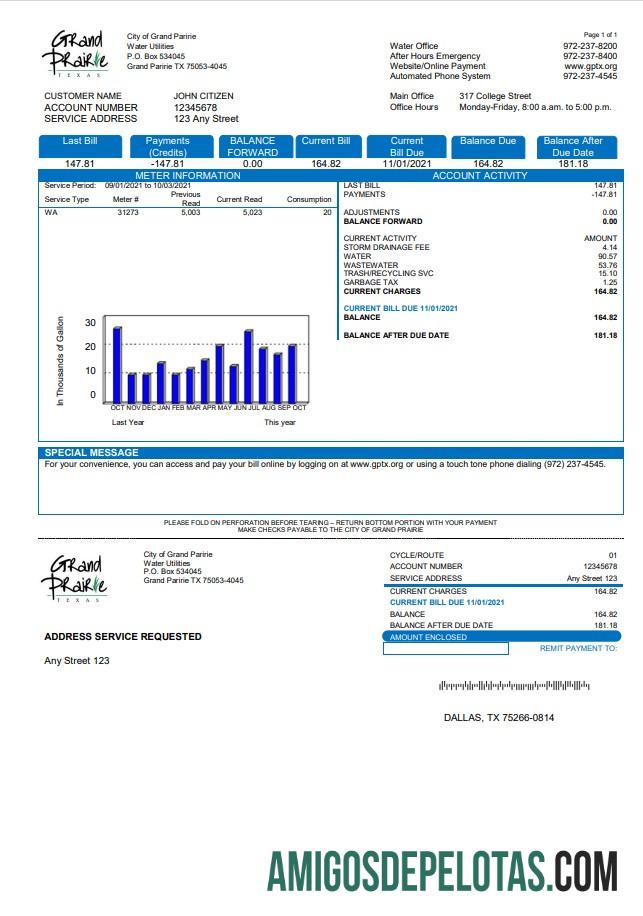 realista Modelo de conta de serviços públicos dos EUA Texas Grand Prairie em formato Word e PDF